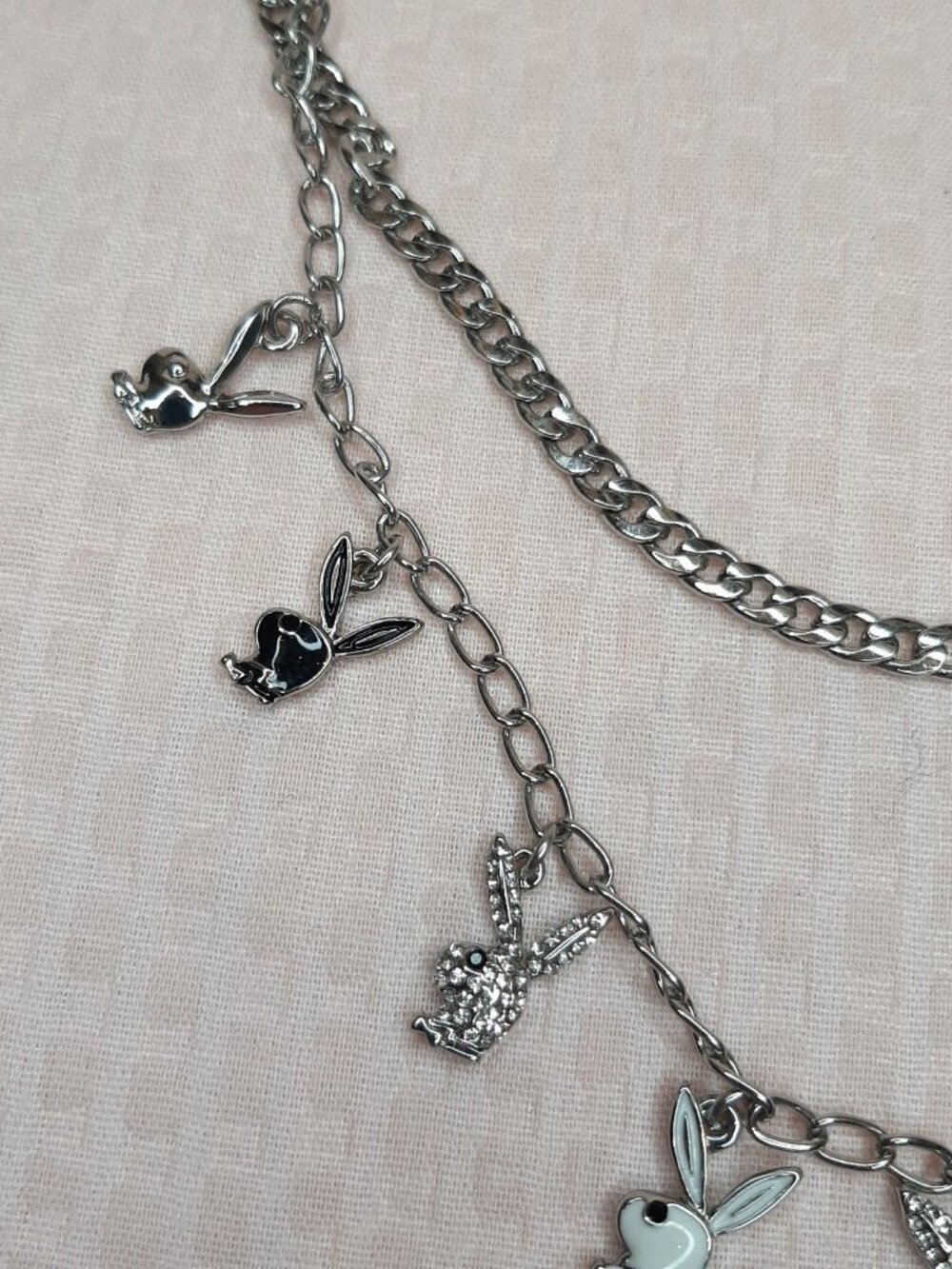 Playboy Bunny Necklace Silver Tone Y2K Layered Chainlink Enamel Rhinestones - Picture 7 of 7